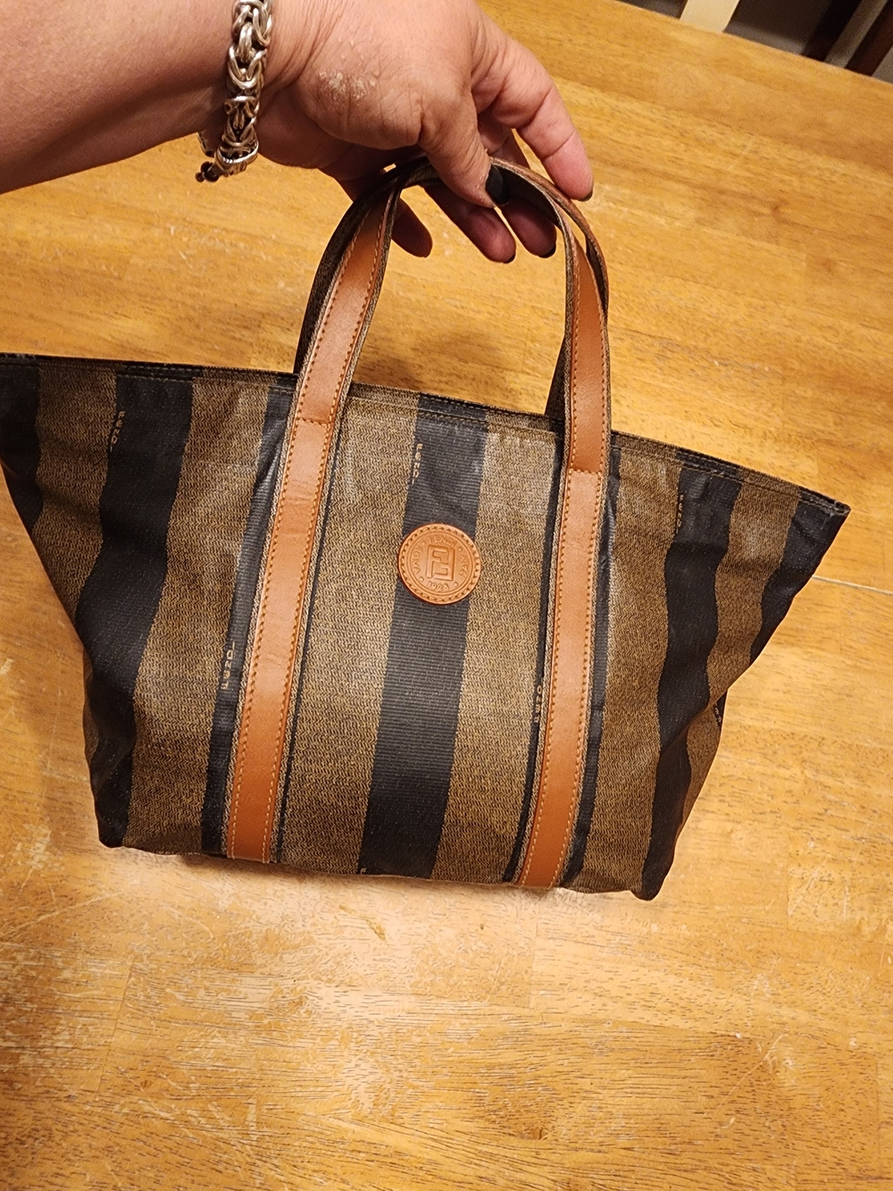 vintage Fendi Pequin Striped Tote features the iconic brown-and-black striped